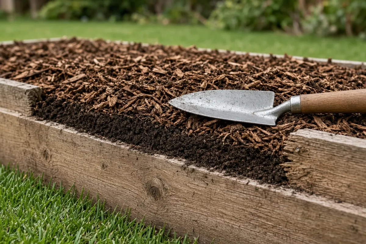 Edge of a raised bed showing wood, dark soil and a 3 inch layer of bark mulch with a trowel on top