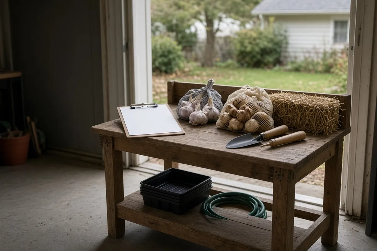 A potting bench in a garage doorway with a clipboard, garlic, tulip bulbs, straw and a trowel