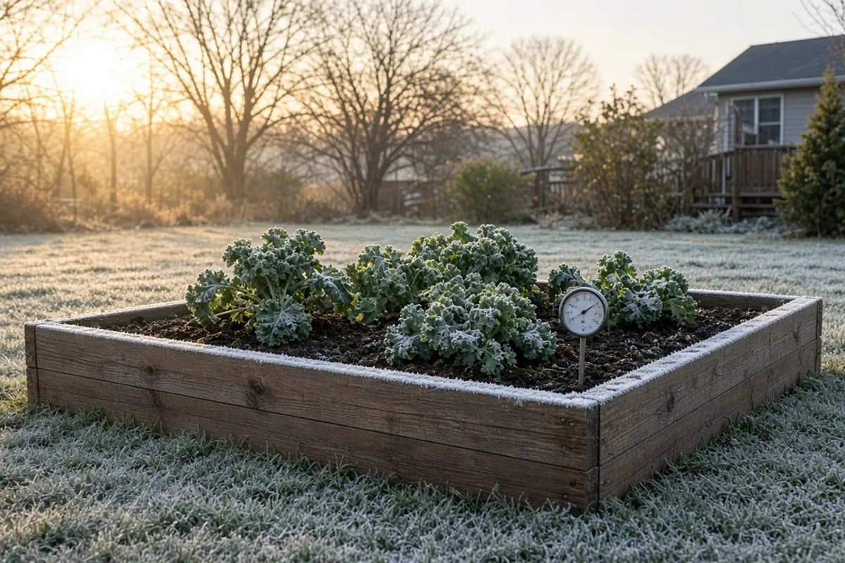 A frosty fall garden bed with kale plants and a thermometer pushed into the soil