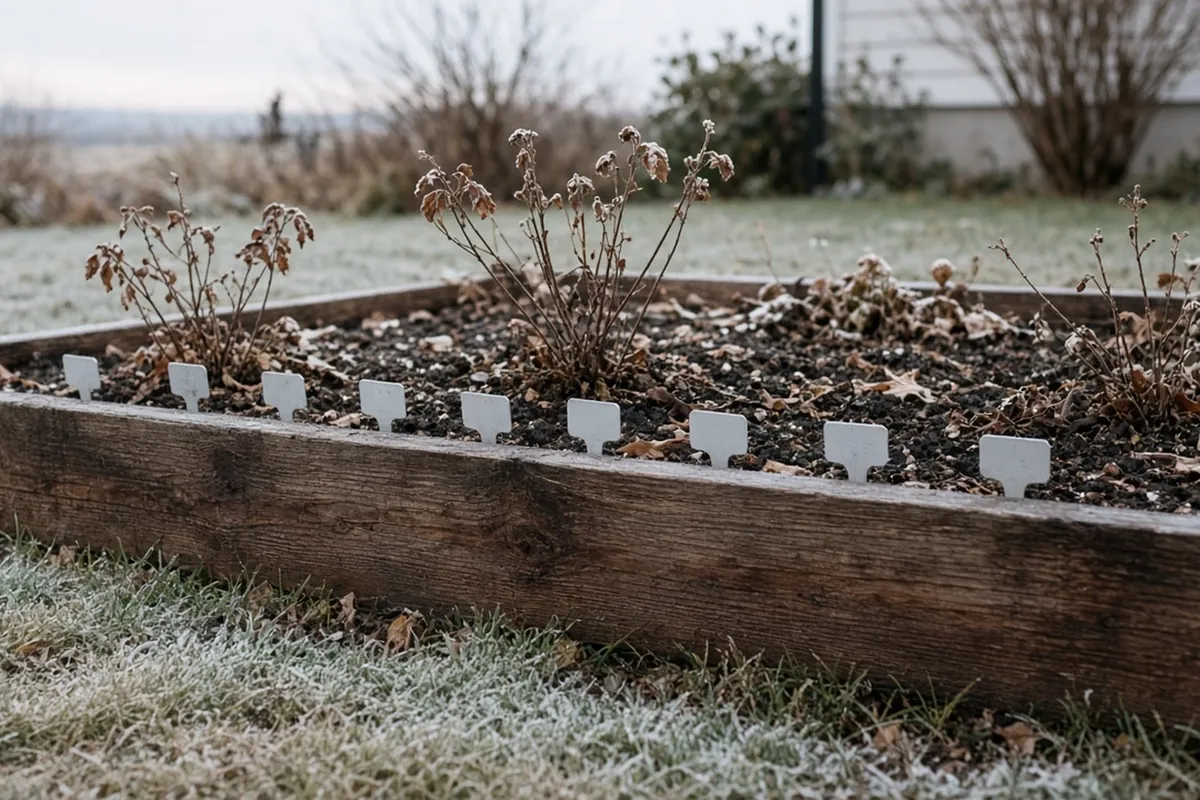 A row of plant tags in a late fall bed beside young perennials, with frost on the grass