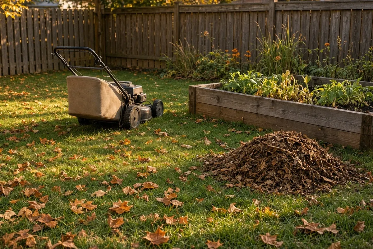 A leaf-catching mower, a pile of shredded leaves and whole leaves on the lawn beside a vegetable bed