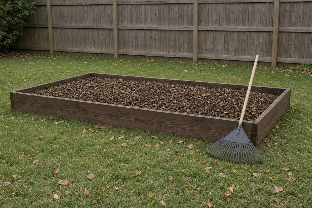 A cleared raised bed covered with a 2 inch blanket of shredded brown leaves and a leaf rake on the corner