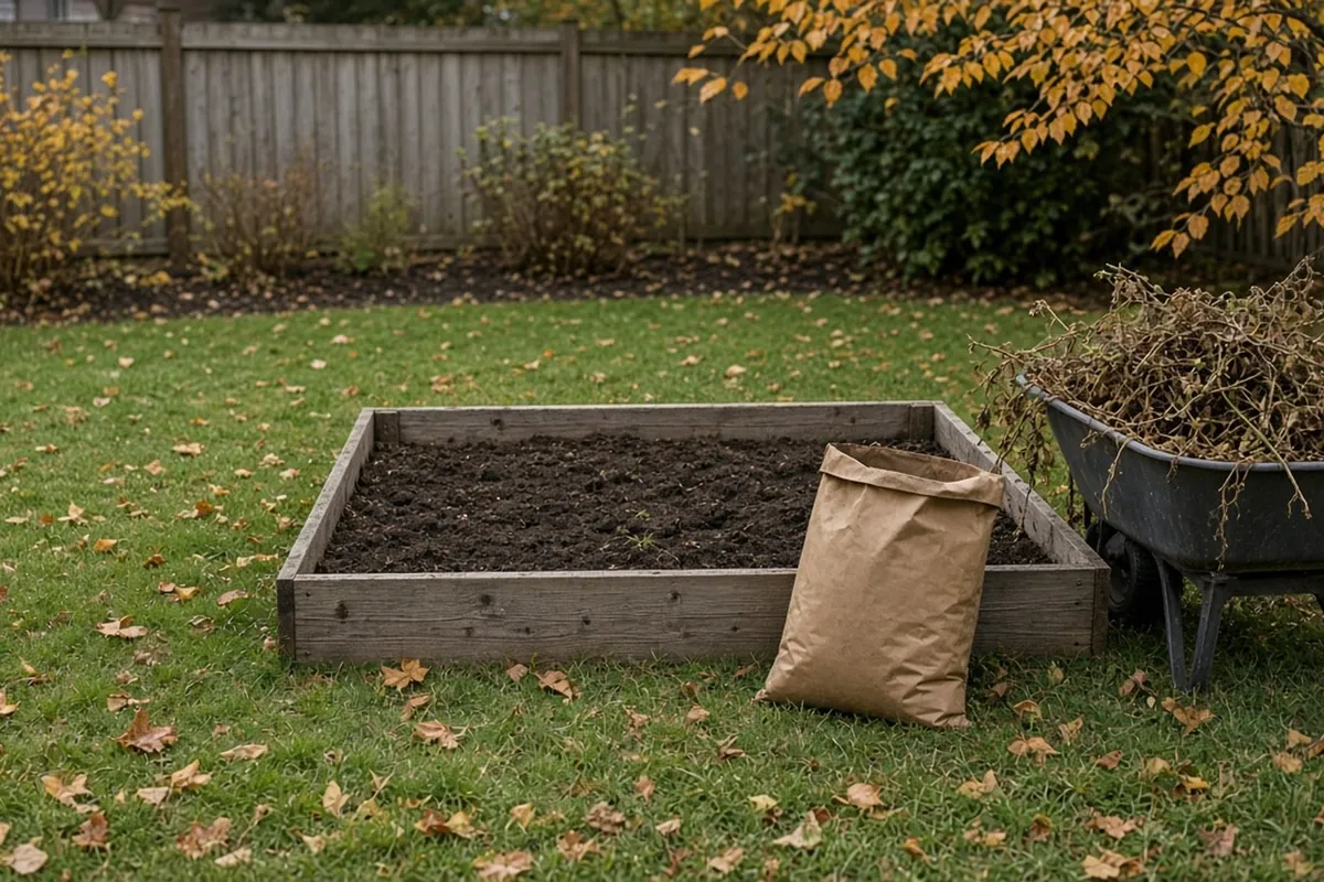 A raised bed mid-reset with spent tomato vines in a cart and the soil sunk below the top board