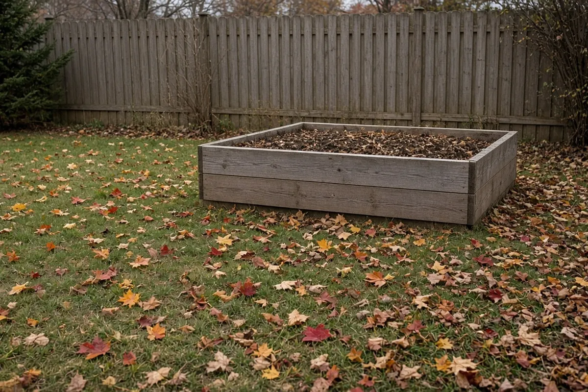 A raised bed topped up with soil and covered in shredded leaves for winter, with maple leaves around it