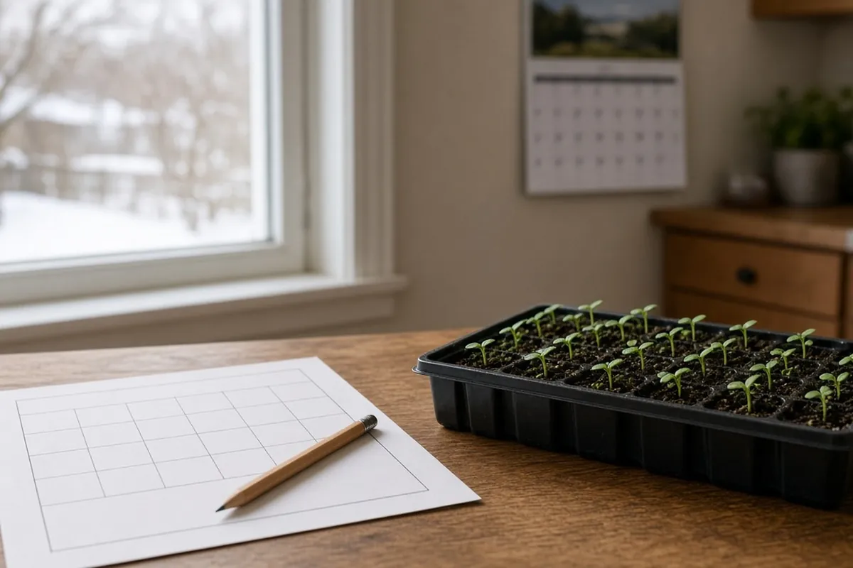 A blank garden worksheet, a pencil and a tray of tiny sprouts on a kitchen table by a window