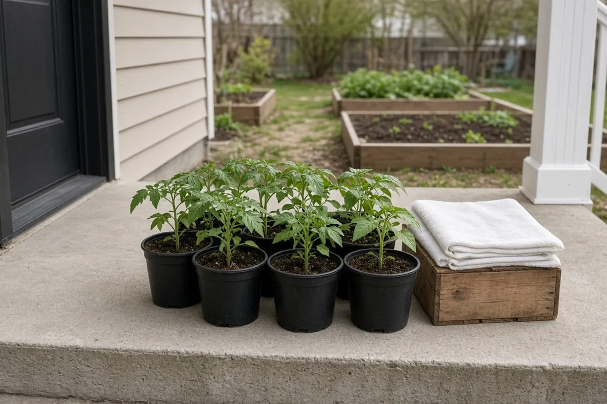 Tomato and pepper transplants in pots by a back door in spring with folded frost cloth on a crate