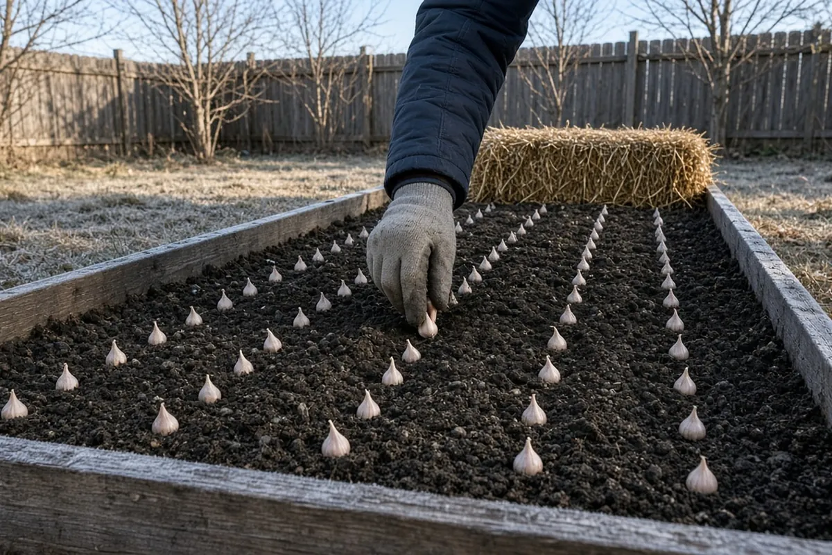 A northern garden in late October with garlic being planted into a bed, frosted grass and a bale of straw