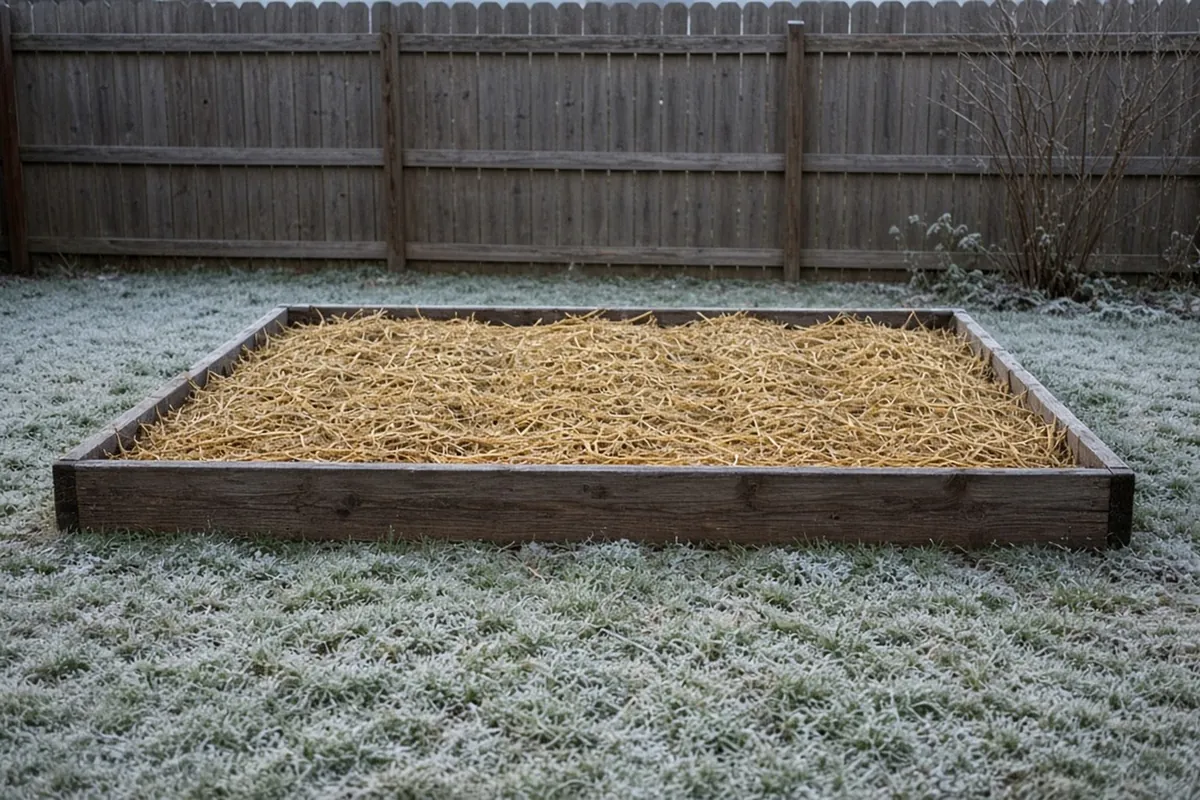 A garlic bed covered with a thick layer of loose golden straw and frost on the lawn edge