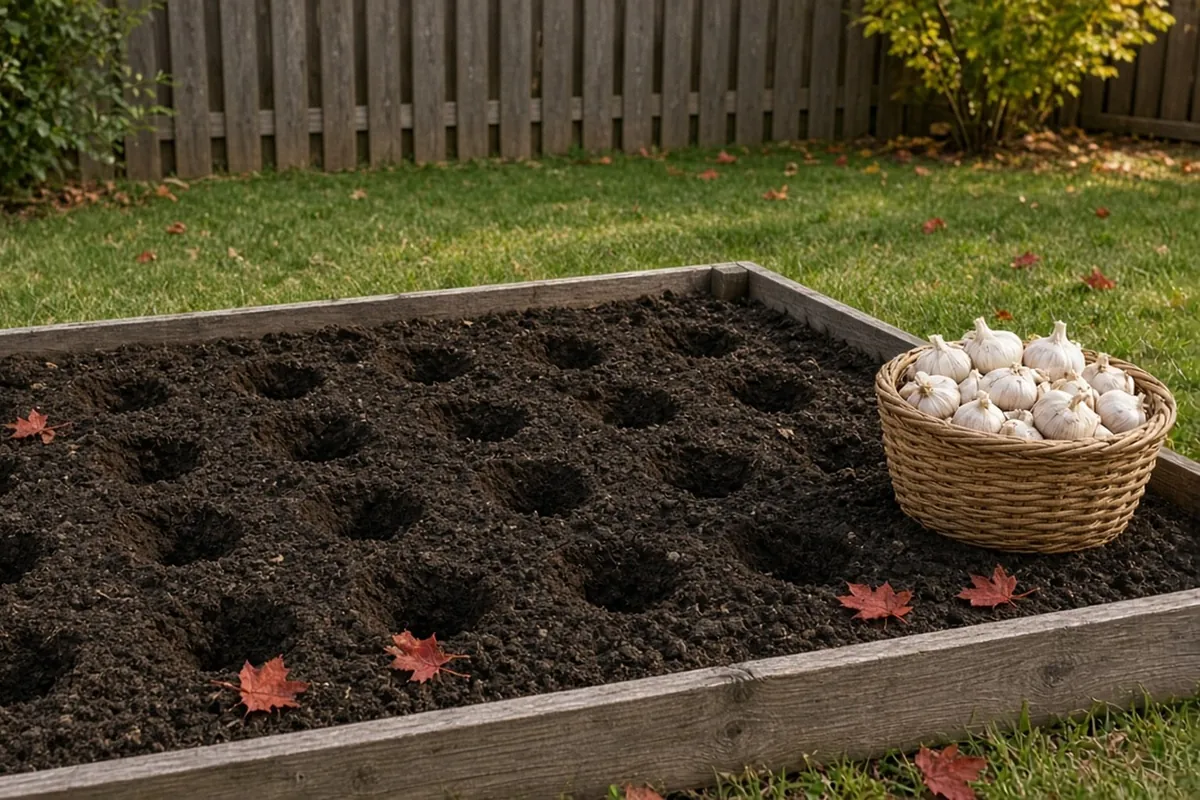 A prepared raised bed with planting holes in rows, a basket of garlic heads and red maple leaves