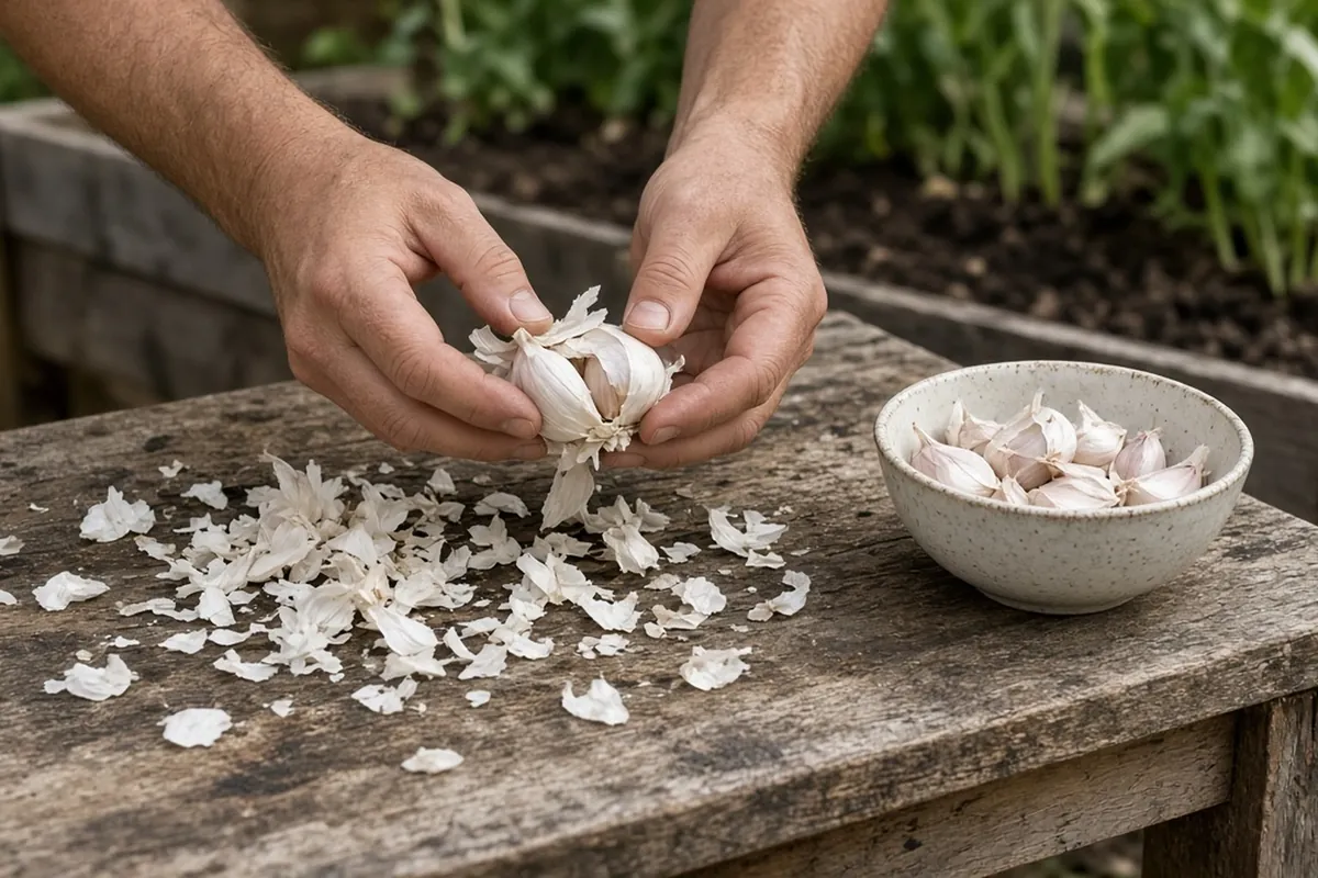 Hands breaking a garlic head into cloves over a wooden bench with papery skins and a bowl of cloves