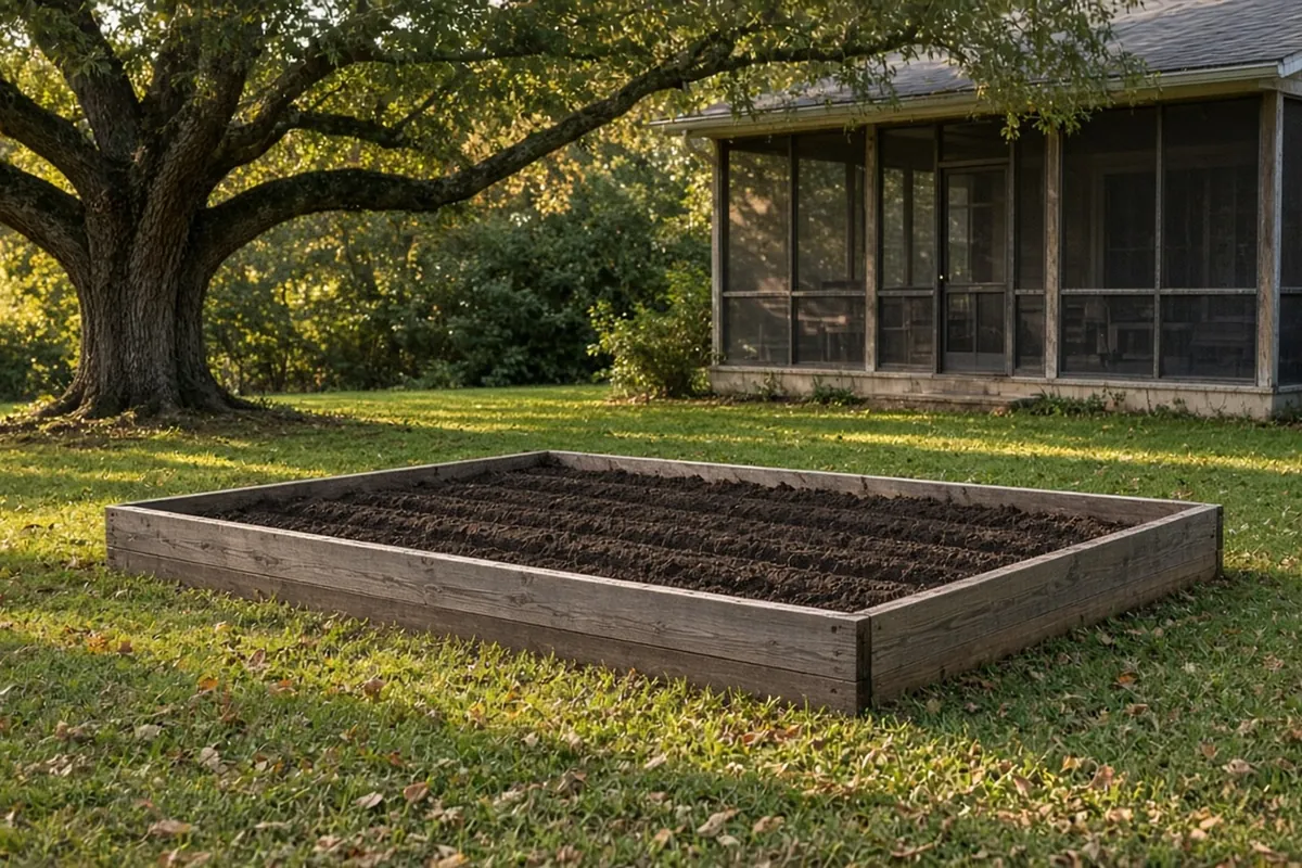 A green Southern backyard in October with a raised bed of fresh garlic rows and a live oak behind