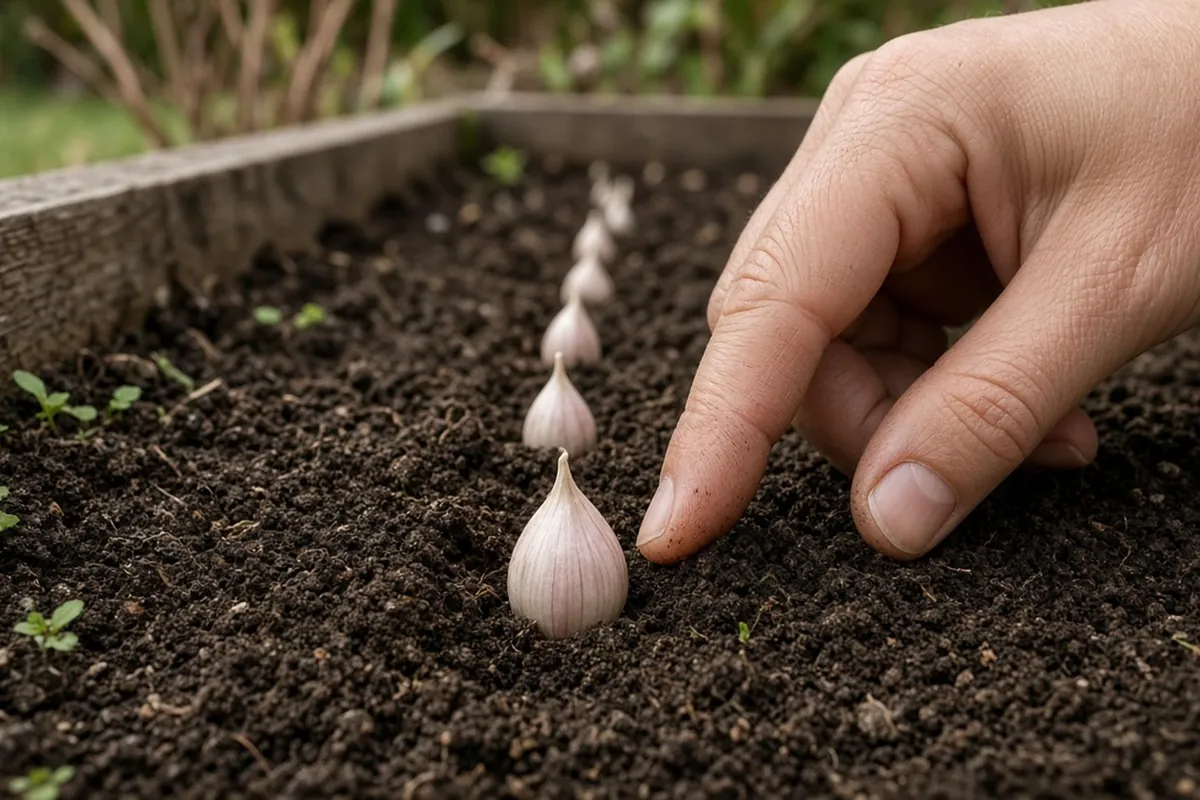 A garlic clove pushed pointed side up into dark soil, a finger marking the depth, more cloves in a row