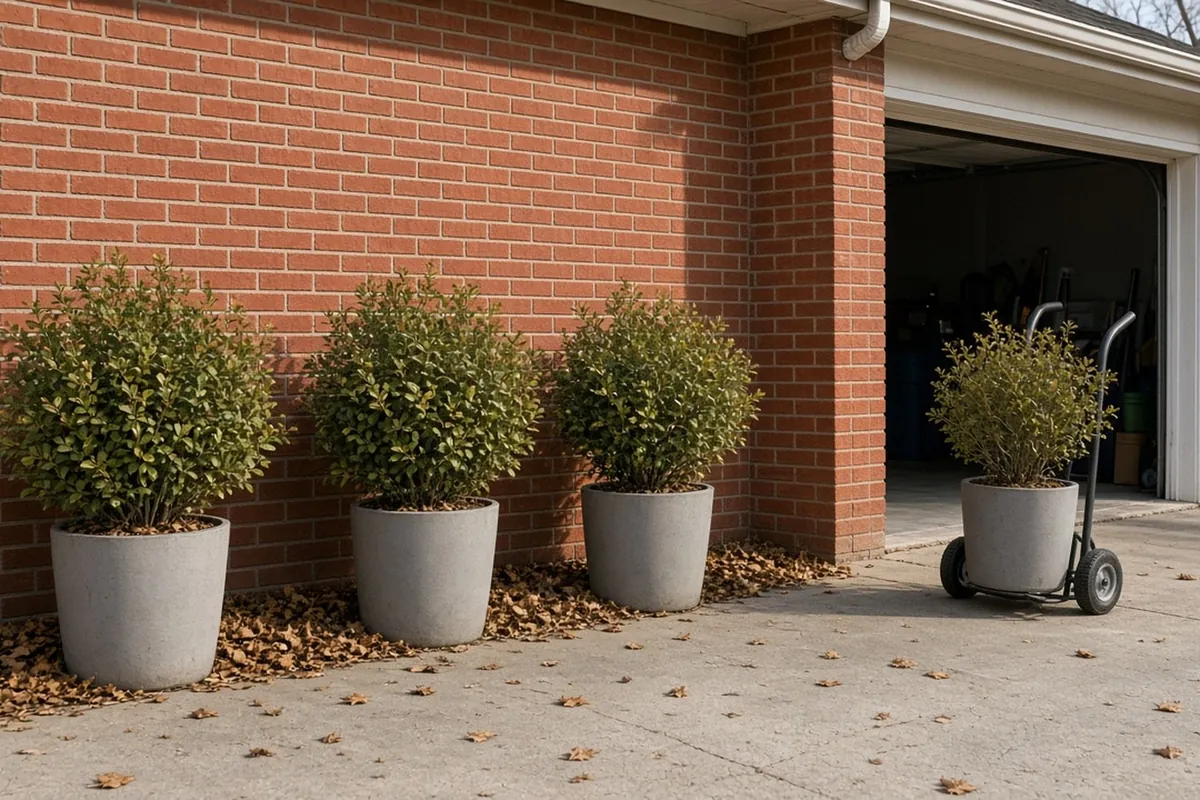 Three potted shrubs grouped against a brick wall with leaves packed between them, one pot on a hand truck