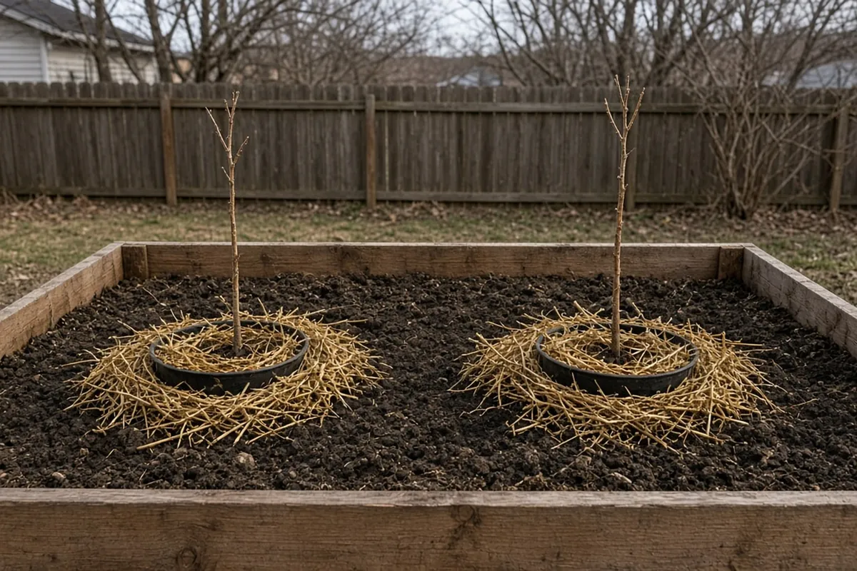 Two nursery pots sunk to their rims in a garden bed with loose straw piled over and around them