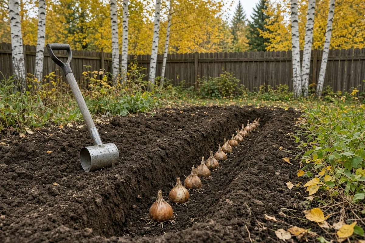 A bed dug 8 inches deep with tulip and daffodil bulbs in the bottom, yellow birches behind and a bulb planter