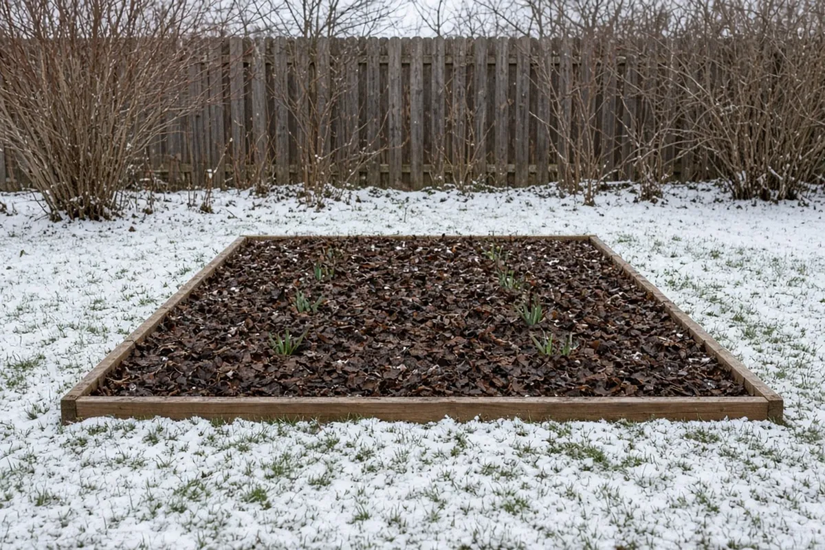 A planted bulb bed under 2 to 3 inches of shredded leaf mulch with a light dusting of snow on the lawn