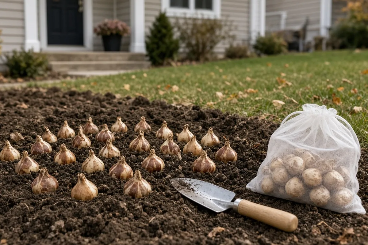 Daffodil and tulip bulbs laid out on a front-yard flower bed before planting, with a trowel and a bulb bag