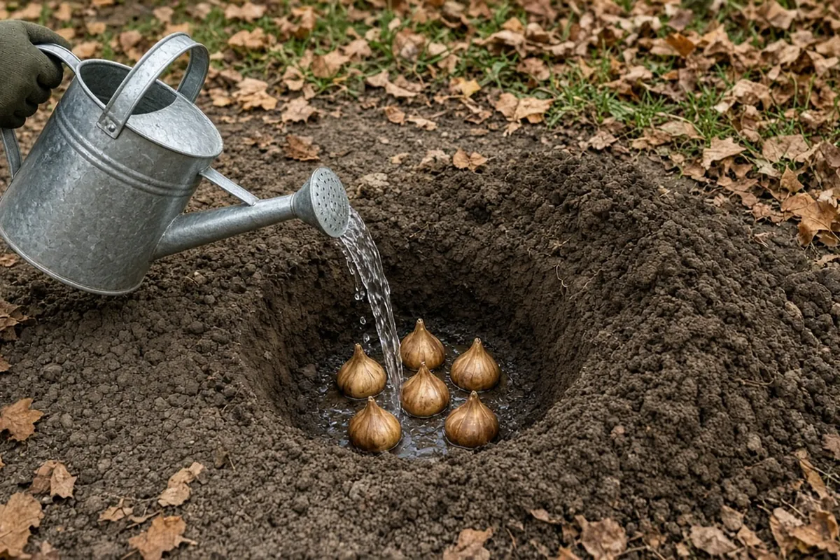 A watering can soaking a half-filled planting hole with bulbs in the bottom and the dug soil heaped beside it