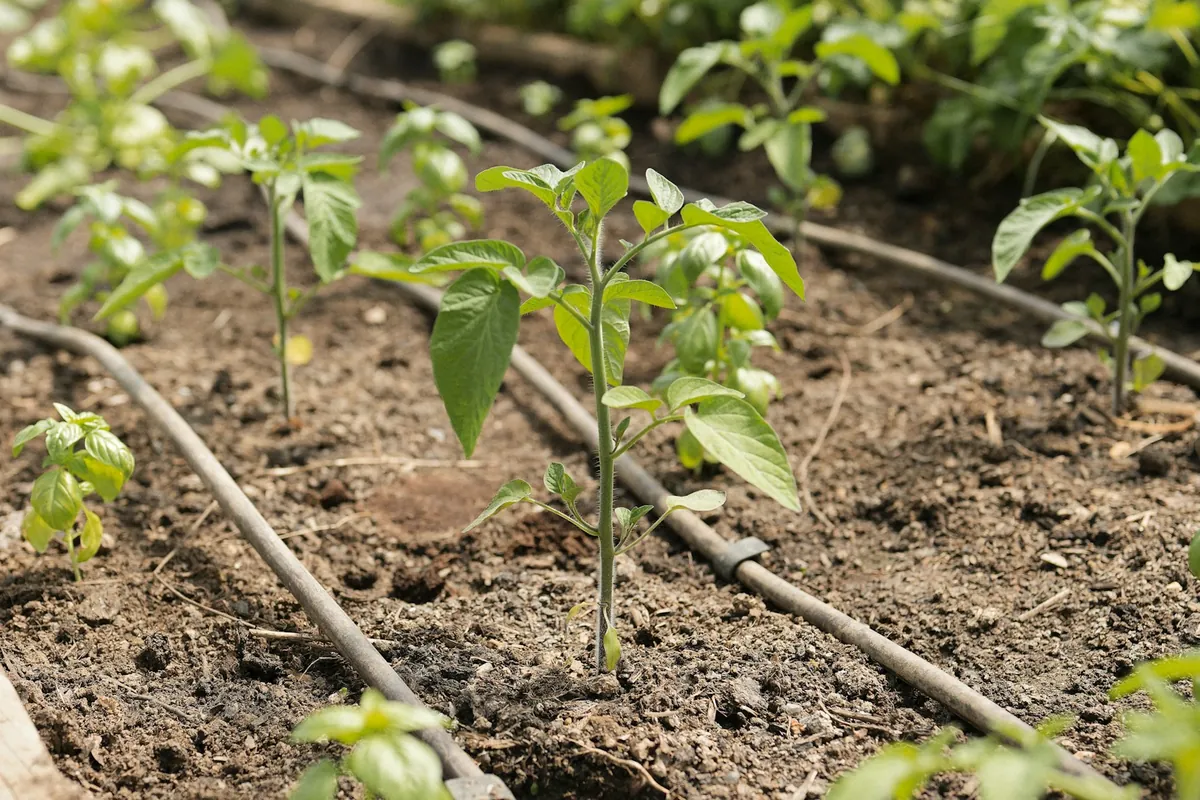 Young pepper transplants in a bed with drip irrigation lines running between them