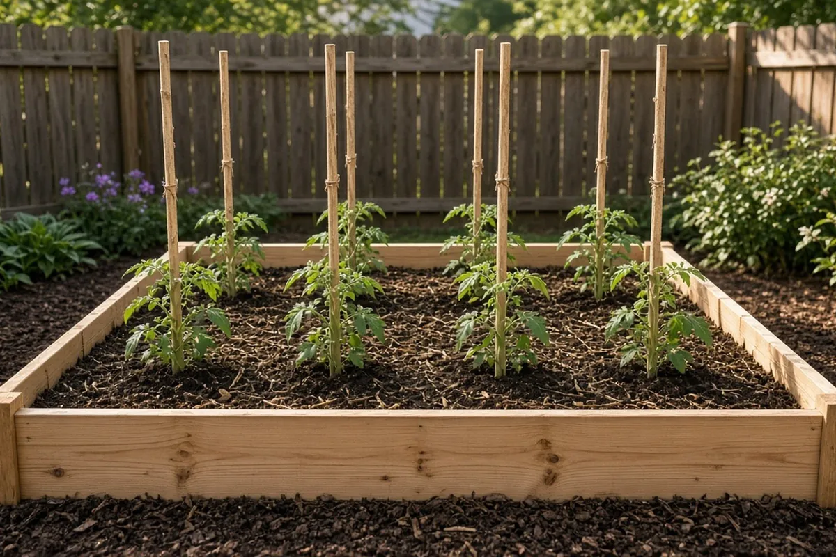 A 4 by 8 foot raised bed with eight young tomato plants in two rows of four, each tied to a wooden stake