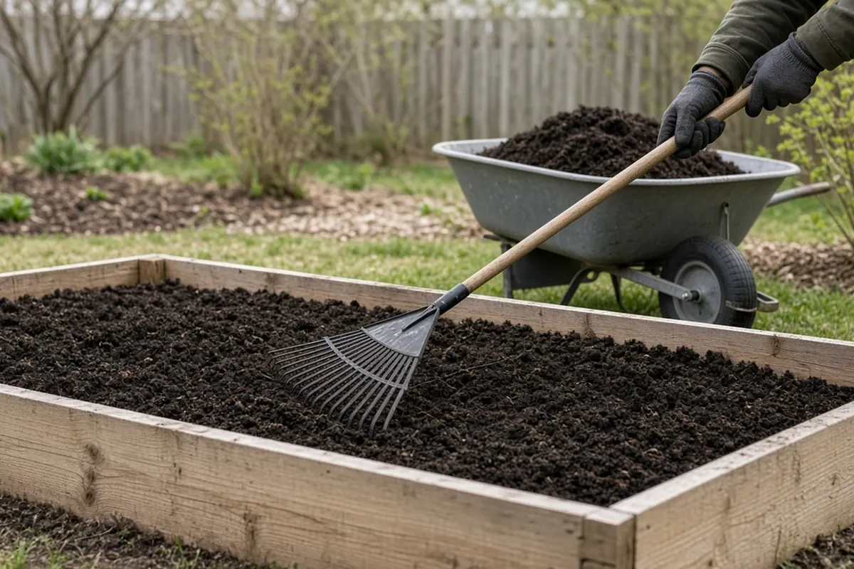 Gloved hands raking a 2 inch layer of dark compost over a vegetable bed, with a wheelbarrow at the end