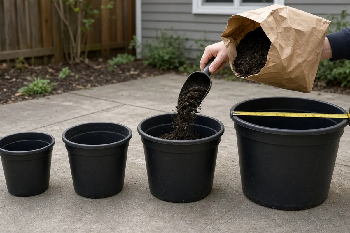 Four pots from 10 to 20 inches in a row on a patio, one being filled with potting mix by a scoop