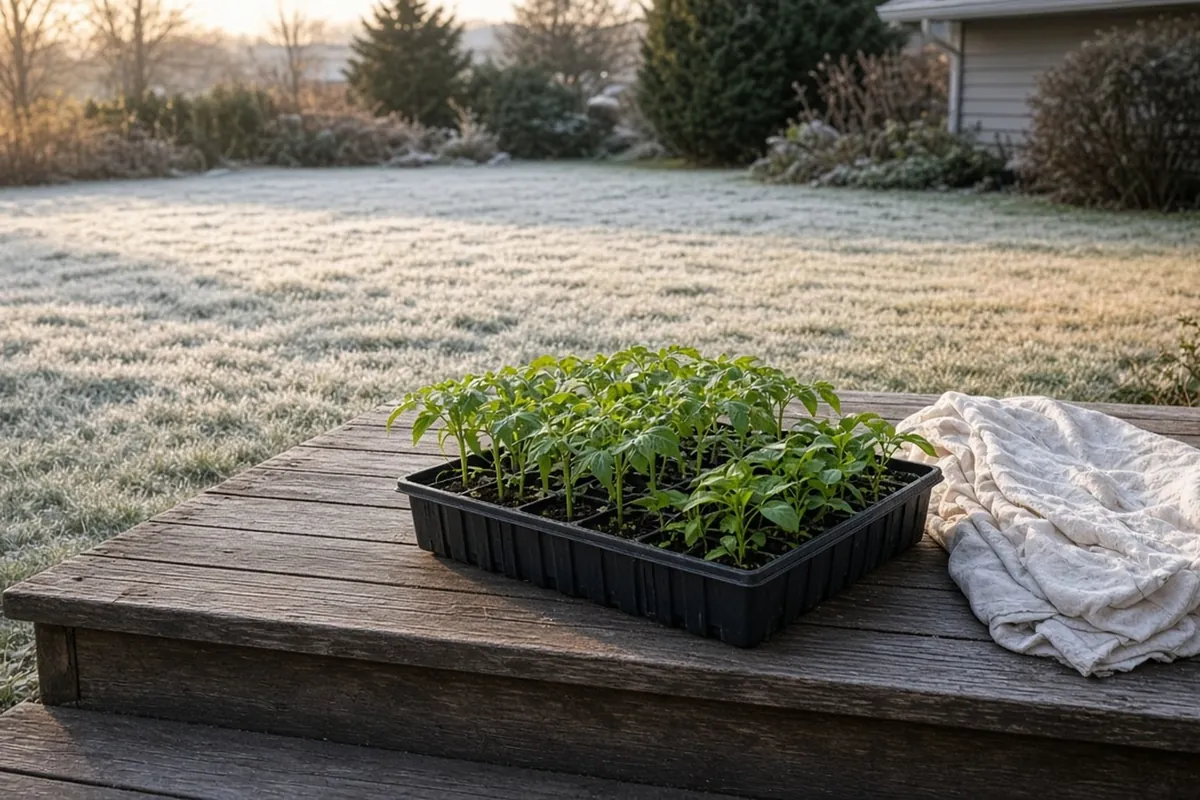 Tomato and pepper transplants in a flat on a porch step at dawn, frost on the lawn and a sheet beside them
