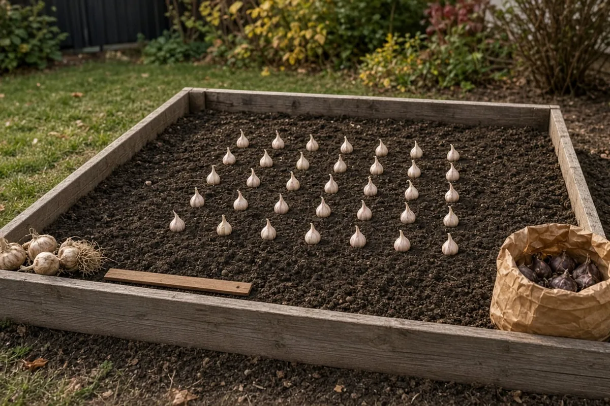 Garlic cloves set pointed side up in a grid on a raised bed with a ruler along one row