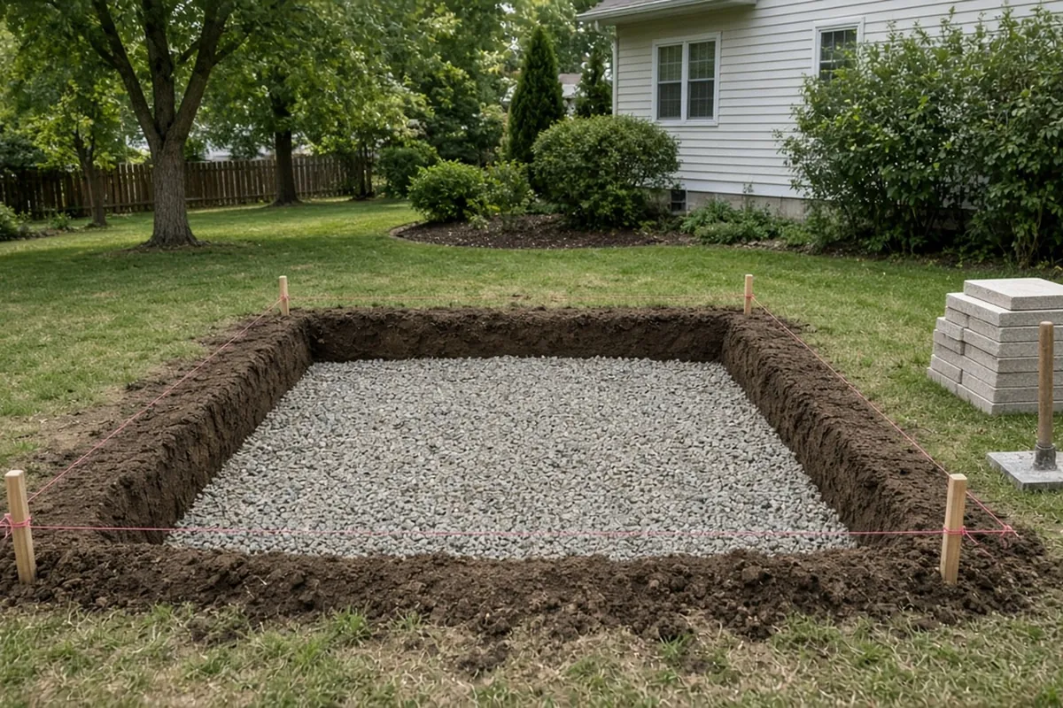A dug-out patio area with a gravel base, string lines on stakes and a stack of pavers on the lawn