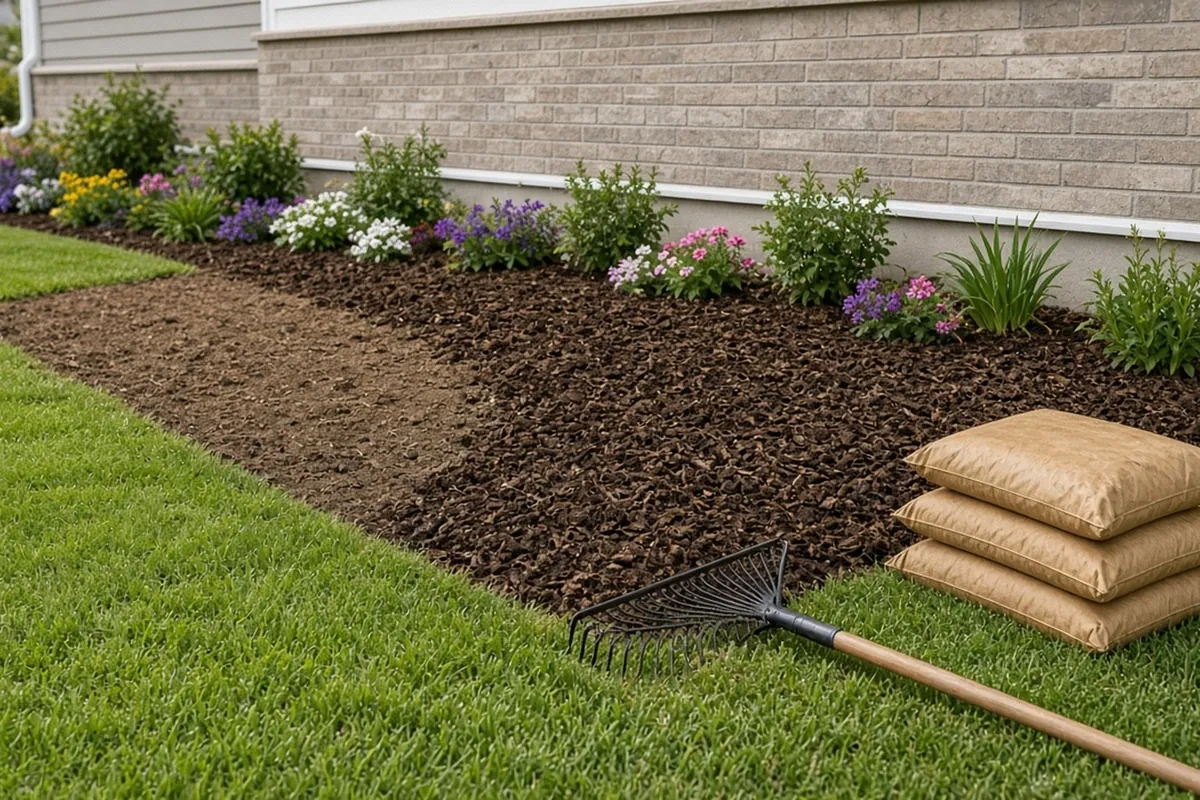 A flower border along a house, half covered with fresh bark mulch and half bare, with a rake nearby