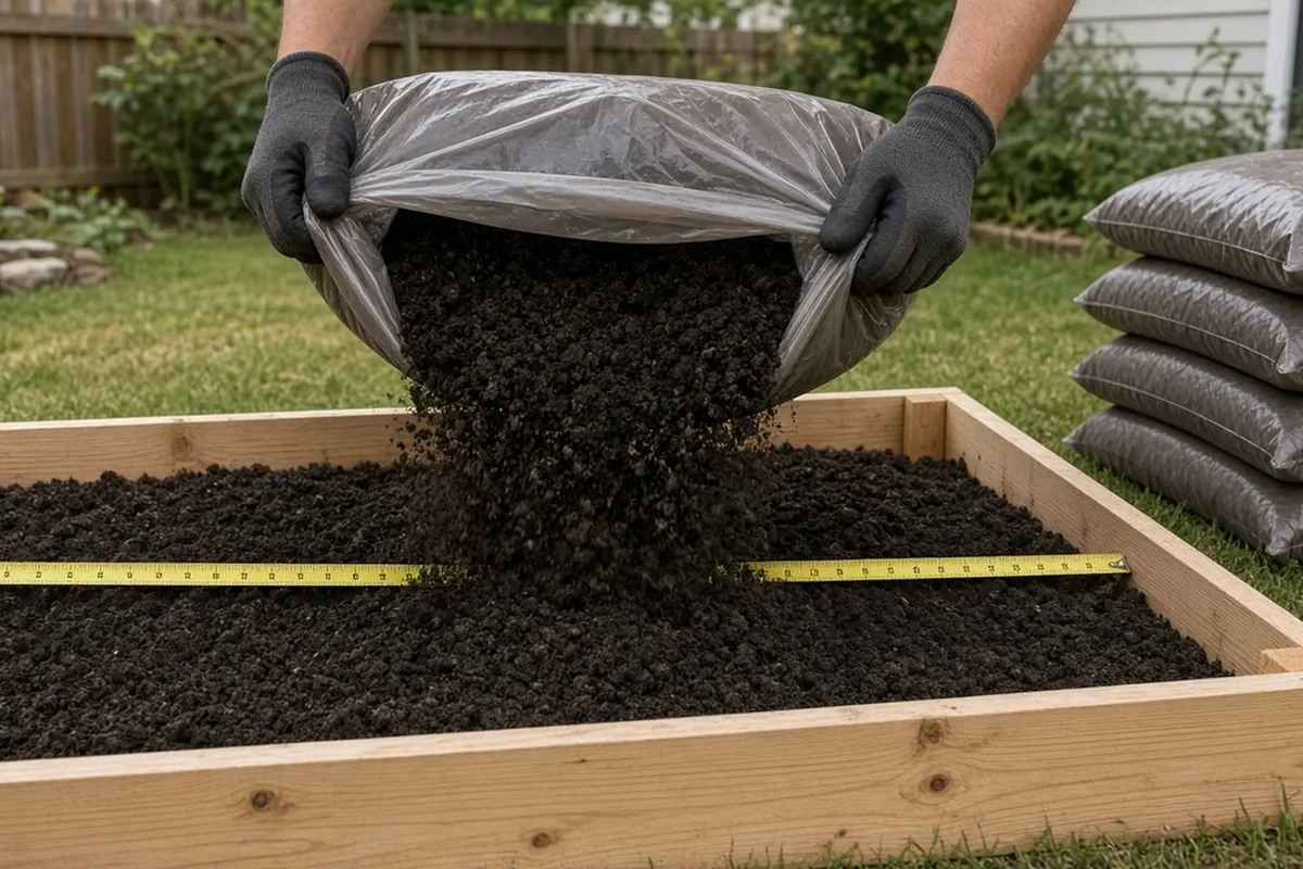 A hand pouring a bag of soil into a half-filled raised bed with a tape measure across its width
