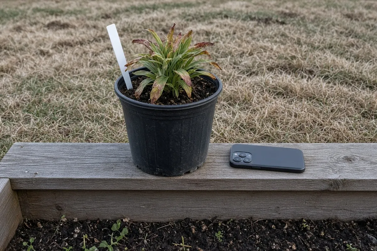 A potted perennial on a garden bed edge with its tag turned away and a phone lying face down