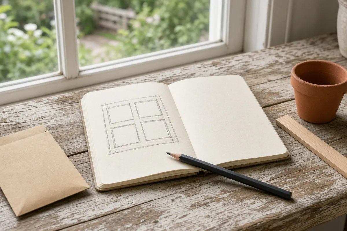 A garden notebook with a hand-drawn bed sketch, a pencil and a ruler on a potting bench by a window